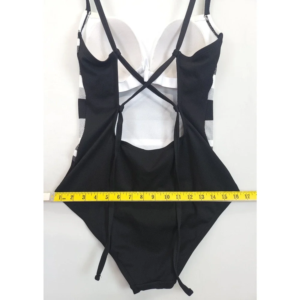 Kona Sol Bathing Suit Cross Back 1 Pc Women L Adjustable Strap Black White Beach